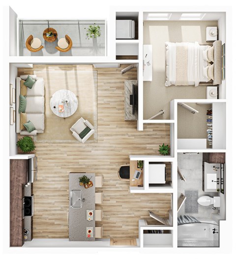 a 1 bedroom apartment with a bathroom and a living room at The Mera, St Louis Park, MN 55426